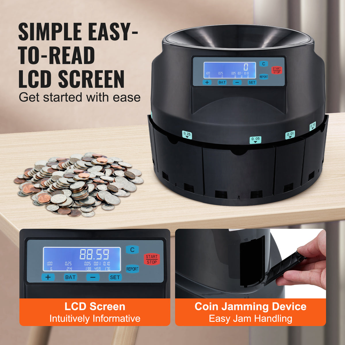 VEVOR USD Coin Counter & Coin Sorters with LCD Display, Coin Sorter Machine for USD Coin 1 5 10 25 1, Sorts up to 300 Coins/min, Change Counter Holds 2000 Coins Included 5 Coin Bins & 5 Tubes