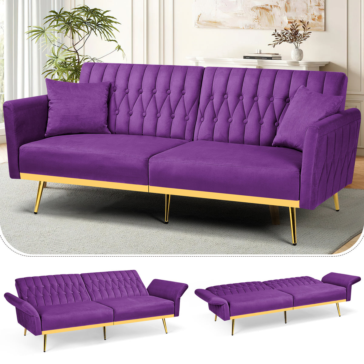 ACMEASE 70-Inch Velvet Convertible Sofa Bed with 2 Pillows, Adjustable Backrest And Armrest Tufted Sleeper Sofa with Golden Metal Legs for Living Room