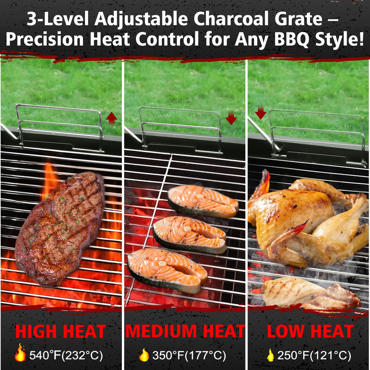 Charcoal BBQ Grills Outdoor - Barrel Charcoal Grill with Offset Smoker(Model: L)/ Outdoor BBQ Grill with Side Table(Model:M/XL-A/XL-C)for Backyard, Patio, Parties, Camping, Outdoor Cooking, Large Event Gathering, Black