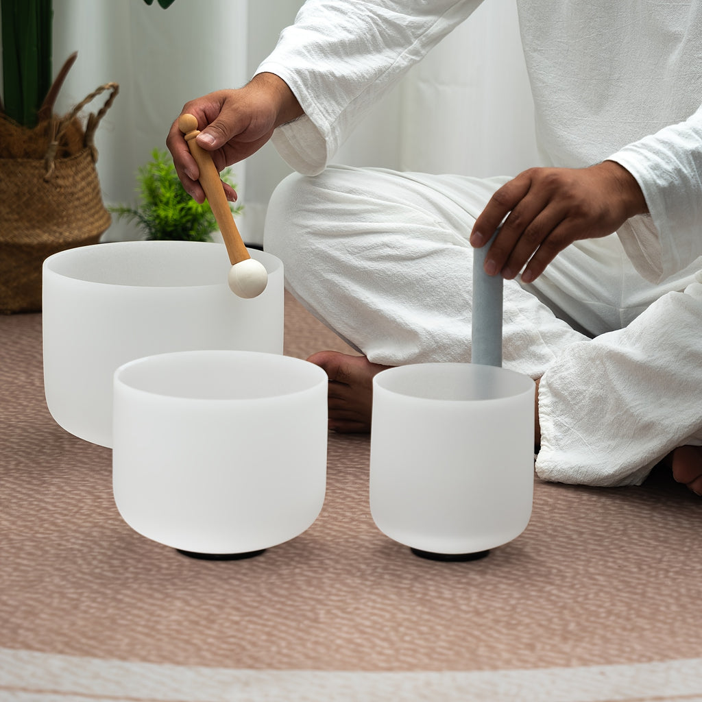 7-11Inch Quartz Crystal Singing Bowls Set of 3 Pure White for Mindfulness Meditation Yoga Sound Bowls with Case And Mallet