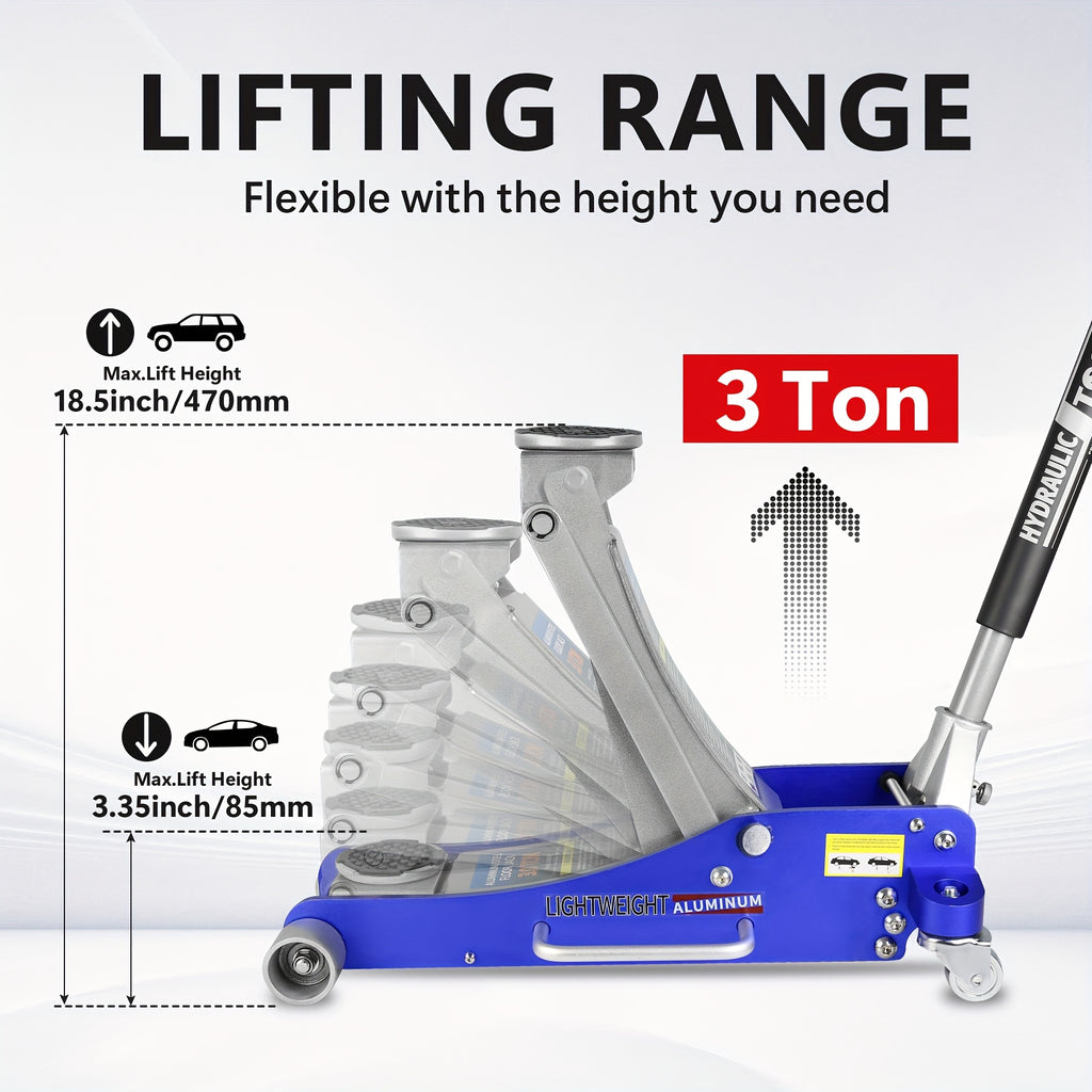 Hydraulic Low-Profile Racing Floor Jack Made of Aluminum And Steel, Featuring a Dual Piston Quick Lift Pump, Available in 1.5 Ton, 2.5 Ton, And 3 Ton Capacities