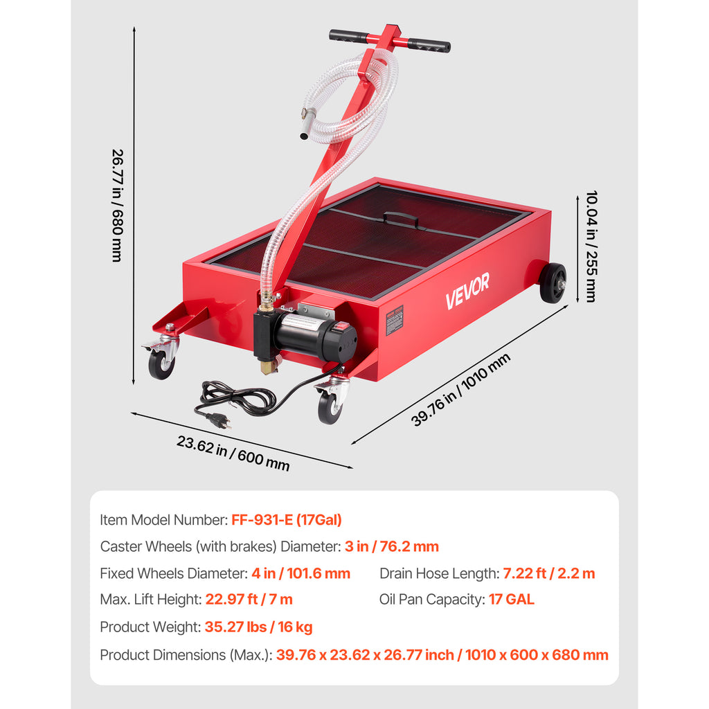 VEVOR Low Profile Oil Drain Pan, 17 Gallon / 20 Gallon Capacity, Rolling Oil Drain Pan with Electric Pump, 7.2 ft Hose & T Folding Handle, Leak-proof & Corrosion-resistant, Fit for Cars, SUVs, Trucks, ATVs, White