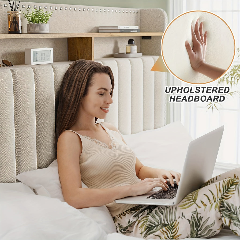 King Size Upholstered Bed Frame with Storage, 2-Tier Headboard And 2 Drawers, Sturdy Wood Slats, No Box Spring Needed, Noise-Free, Modern Grey/Beige, Easy Assembly, Space Saving