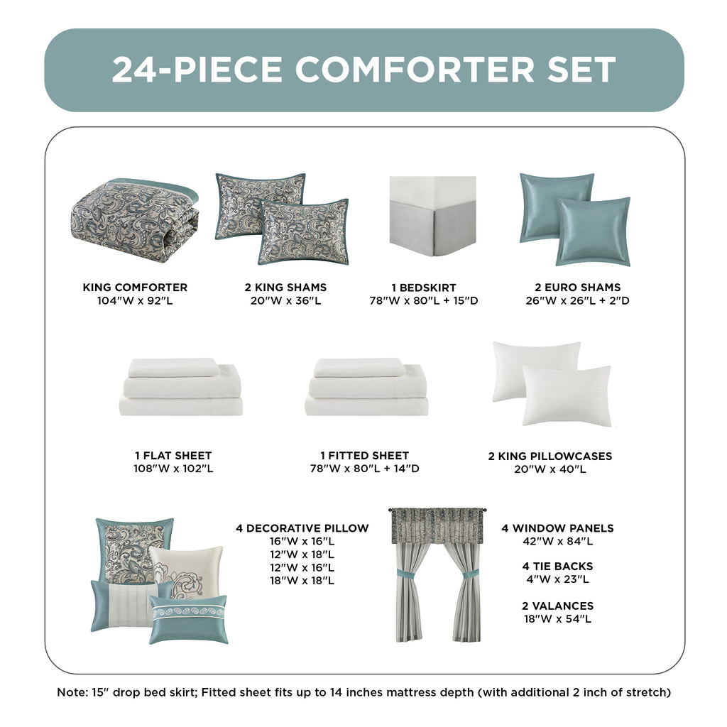 24-Piece Jacquard Paisley Comforter Set, Luxury Bedding Set, Room in a Bag, Bed in a Bag, Queen, King, CalKing, Sheet, Panels