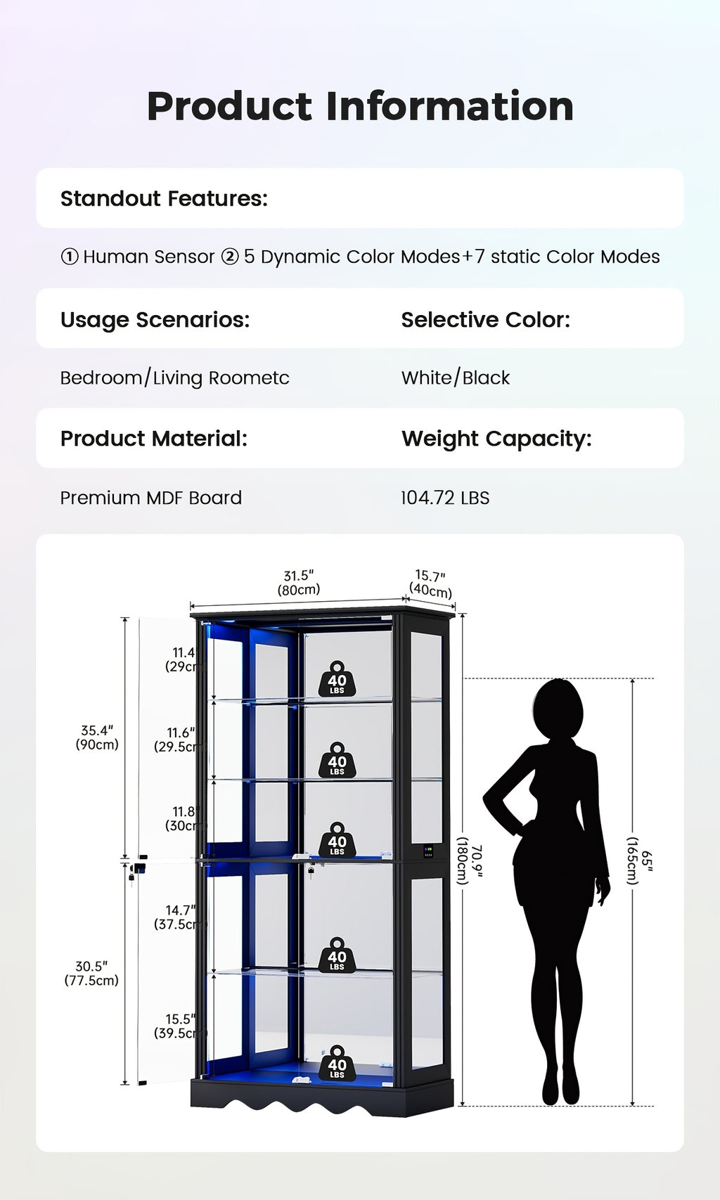 Display Cabinet with Glass Doors, 71'' Tall Curio Cabinet with RGB Lights for Collectibles, LED Display Case with Removable Shelf for Book/Medal/Figure, Black And White