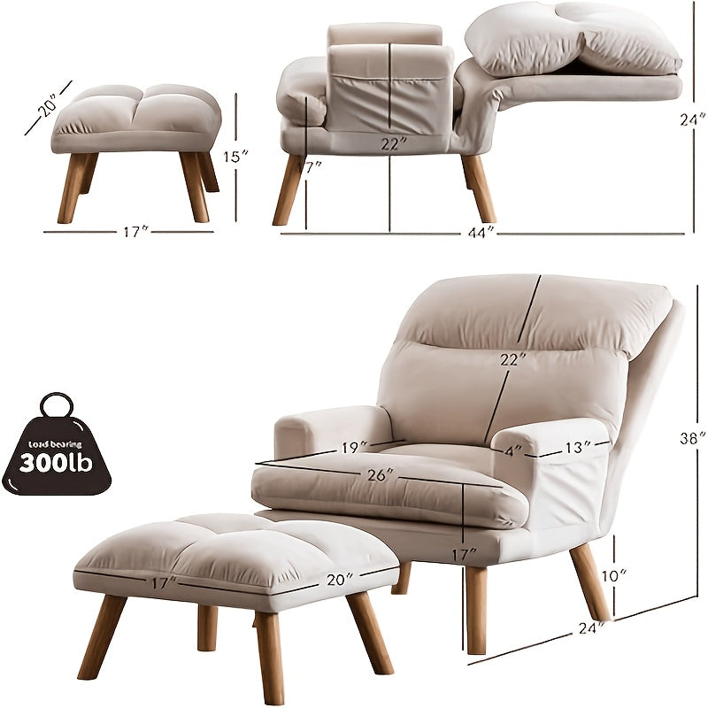 Home Furniture, Modern Style Single Sofa Chair with Ottoman, Adjustable Backrest And Side Pockets, Suitable for Living Room And Bedroom