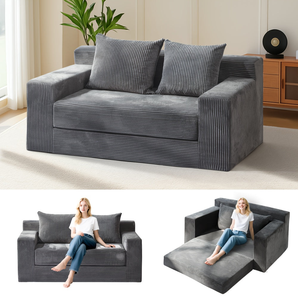 Convertible Sofa Bed, 3in 1 Loveseat Folding Couch Bed Foldable - Boneless Couch & Floor Futon Sleeper, Corduroy Pull Out Sofa Bed with 4 Pillows for Living Room