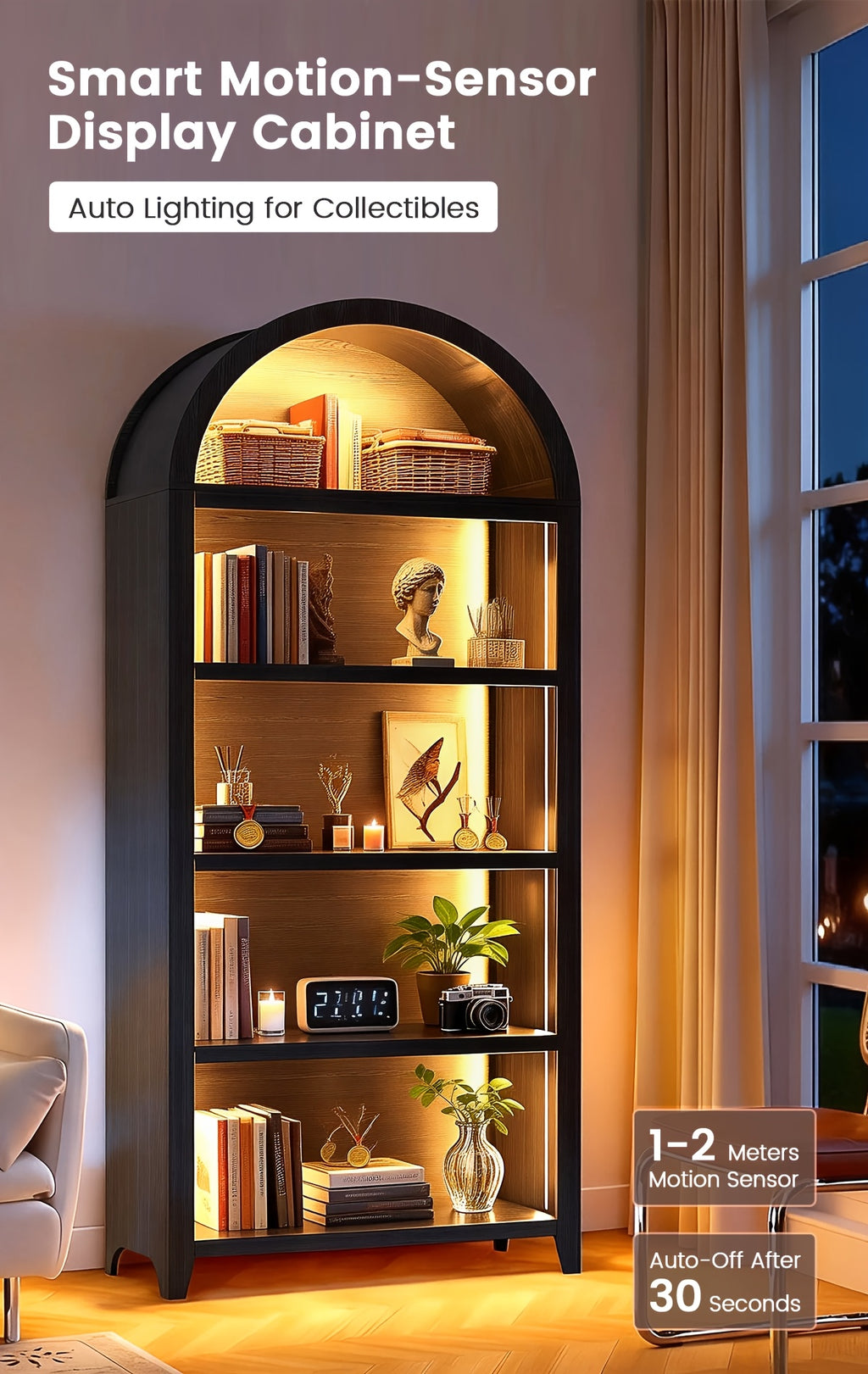 68.9" Arched Display Bookshelf Cabinet - 5-Tier Open Storage Shelf, Freestanding Tall Bookcase for Living Room, Dining Room Or Office (Multiple Finishes)