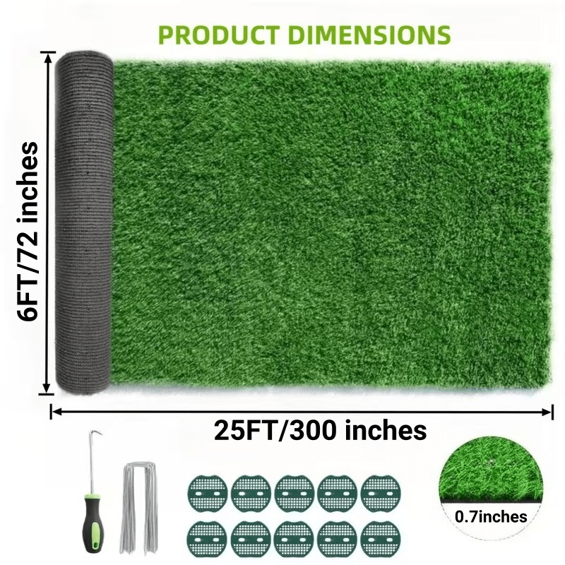 6Ft X 25Ft Artificial Grass 150 Sq Ft, 0.7 Inch Pile Height Multi-Purpose Synthetic Turf with Grass Installation Tools for Garden, Patio, Balcony, Decor, Indoor And Outdoor Use