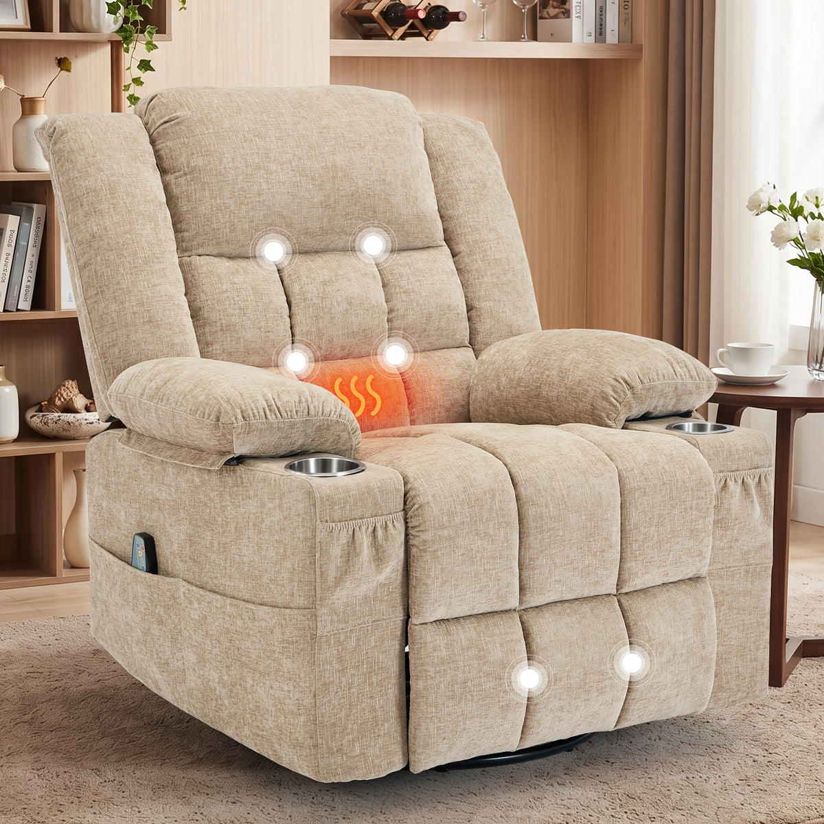 Swivel Recliner Chair for Adults with Massage and Heat — A 360° Rocking Seat for Living Rooms and Bedrooms
