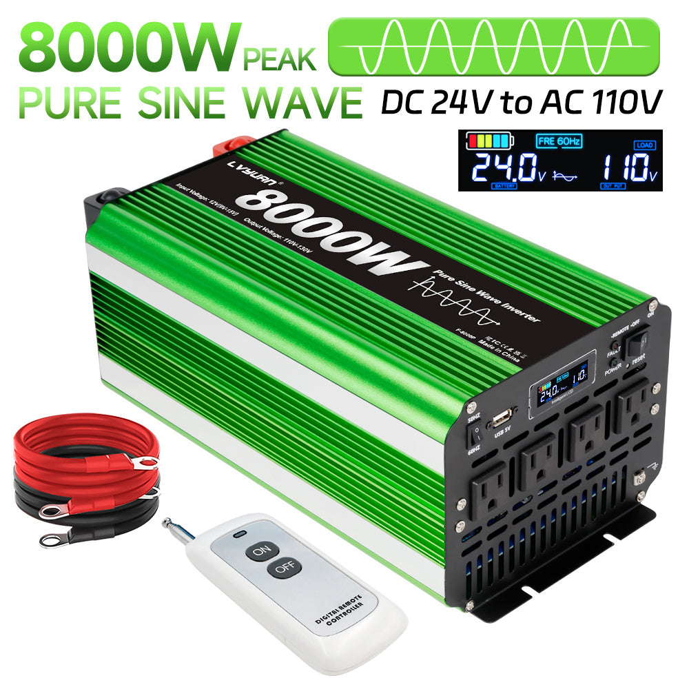 Pure Sine Wave Inverter 8000 Watt (Peak) Vehicle Power Inverter, Converts 12 Vdc to 110 Vdc to 120 Vdc, with LCD Display, Remote Control and Troubleshooting, 4 US Sockets for Car Onboard Chargers, for Home Solar Systems, RV's, and Vans, without Batteries