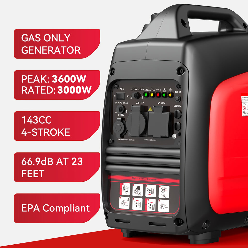 Portable Inverter Generator, Ultra Quiet, CO Alarm, Peak 2500W Rated 1900W, Peak 3200W Rated 2600W, Peak 3600W Rated 3000W, Peak 4000W Rated 3200W, Peak 4500W Rated 3600W, Ideal for Yard, Lawn, Garden, Camping, RV, Home Backup Power