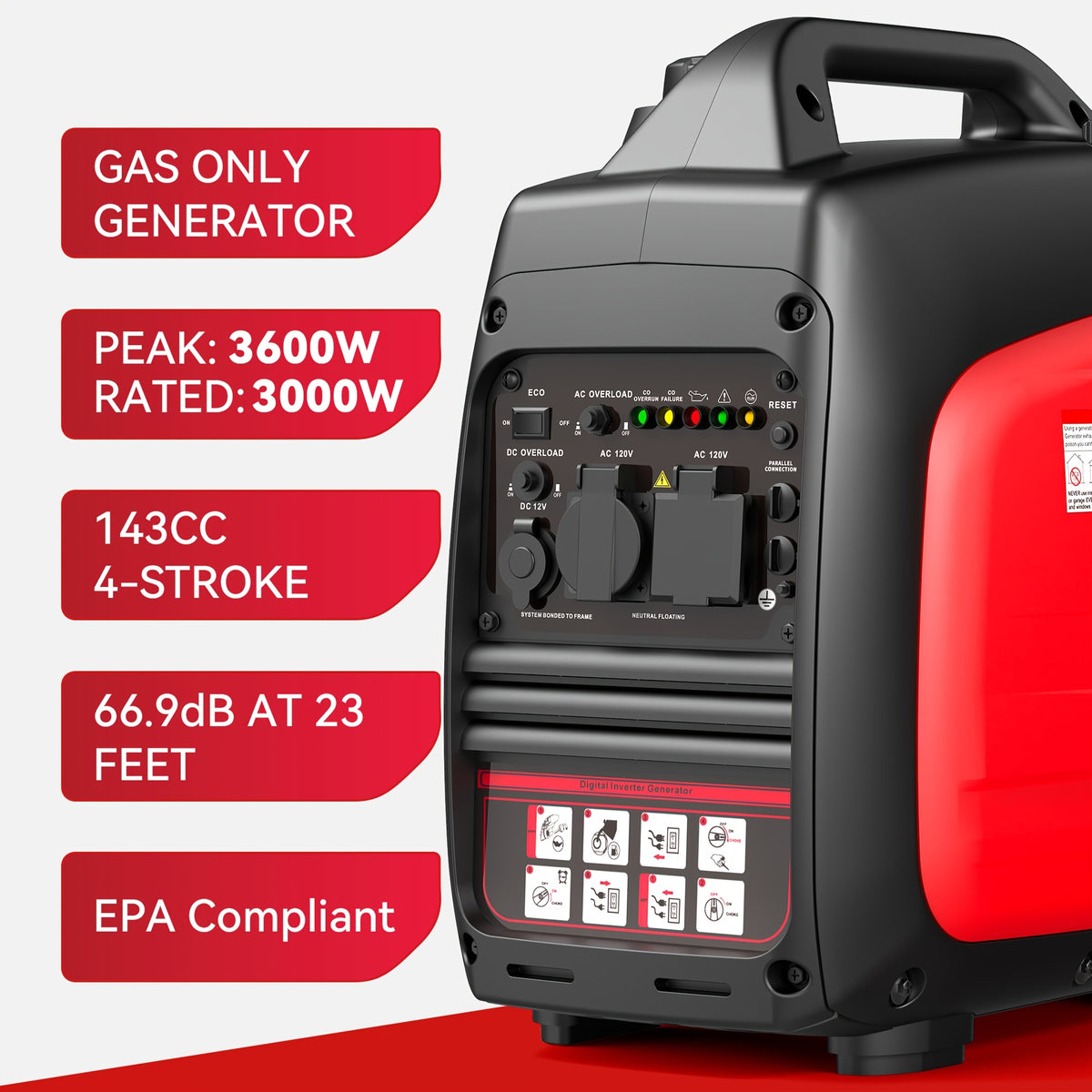 Portable Inverter Generator, Ultra Quiet, CO Alarm, Peak 2500W Rated 1900W, Peak 3200W Rated 2600W, Peak 3600W Rated 3000W, Peak 4000W Rated 3200W, Peak 4500W Rated 3600W, Ideal for Yard, Lawn, Garden, Camping, RV, Home Backup Power