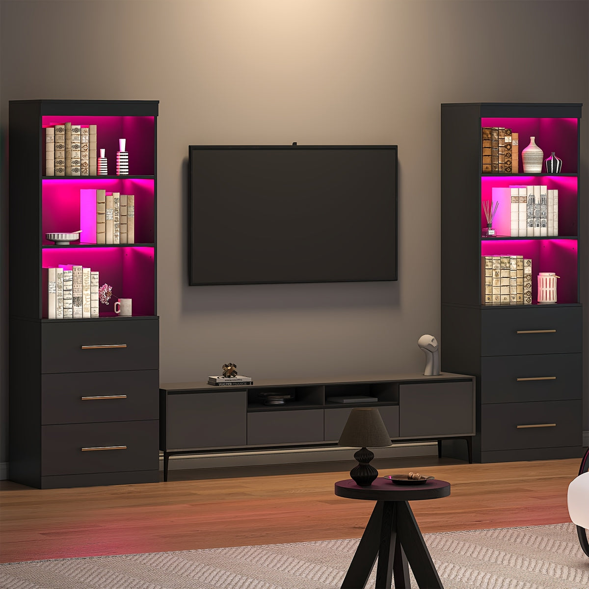 Tall Bookshelf for Home Office or Living Room, 71-Inch Design with Three Drawers for Display and Hidden Storage