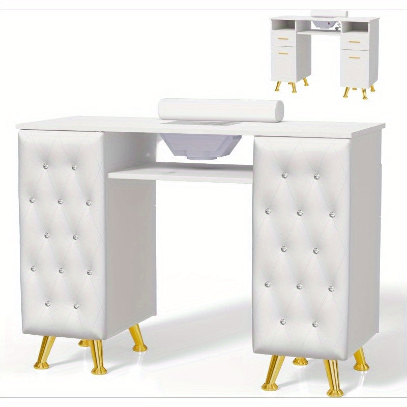 Manicure Table, for nail Desk for Nail Tech | OMYSALON Wood for nail Station with Storage, Hand Rest, Upholstered Panel in Diamond White/Black/Purple/Pink for Makeup Beauty Spa Salon