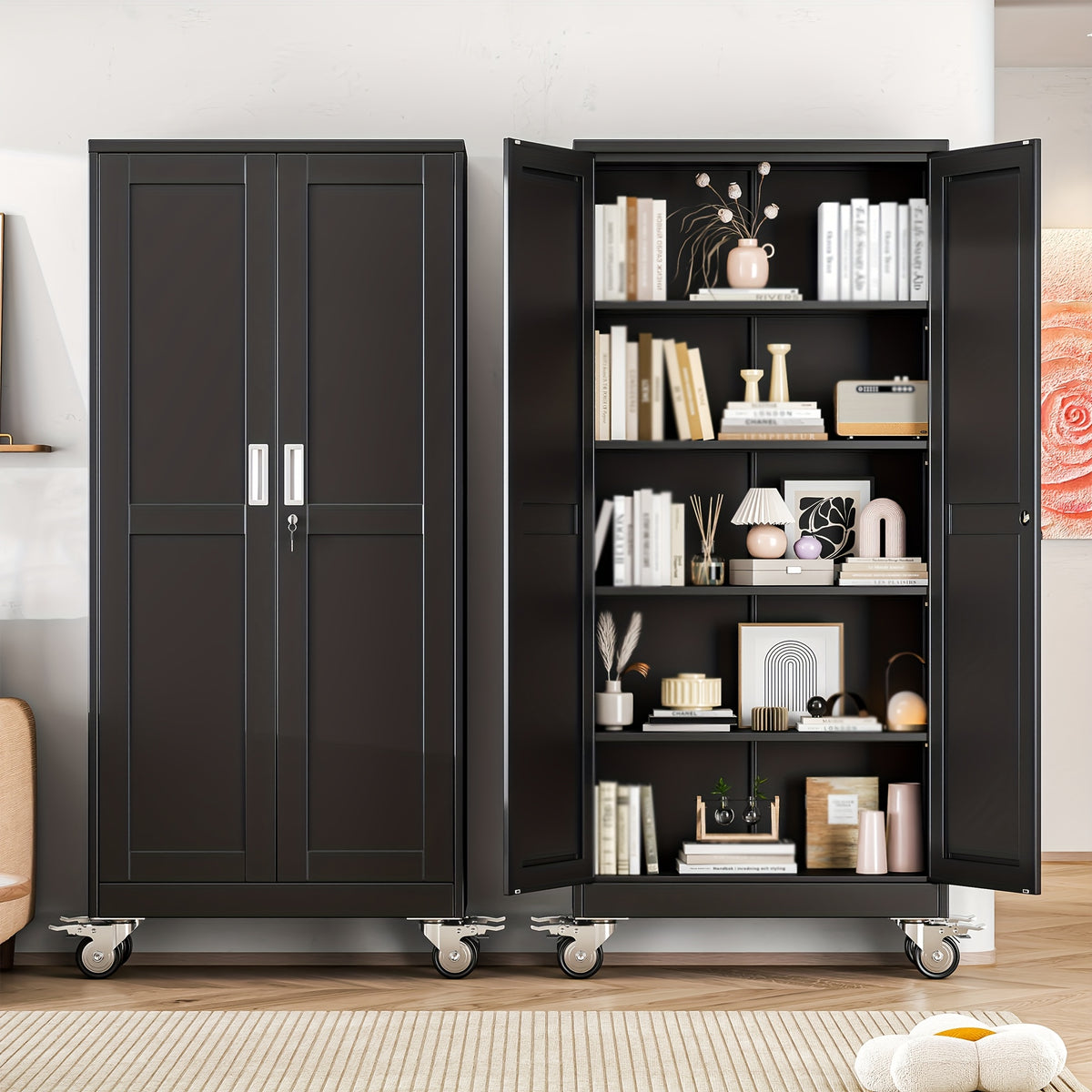 61/71/75 Inch High Wheeled Metal Storage Cabinet with 2 Doors And Adjustable Partitions, Metal Filing Cabinet, Suitable for Home Offices, Kitchens, Warehouses, And Garages