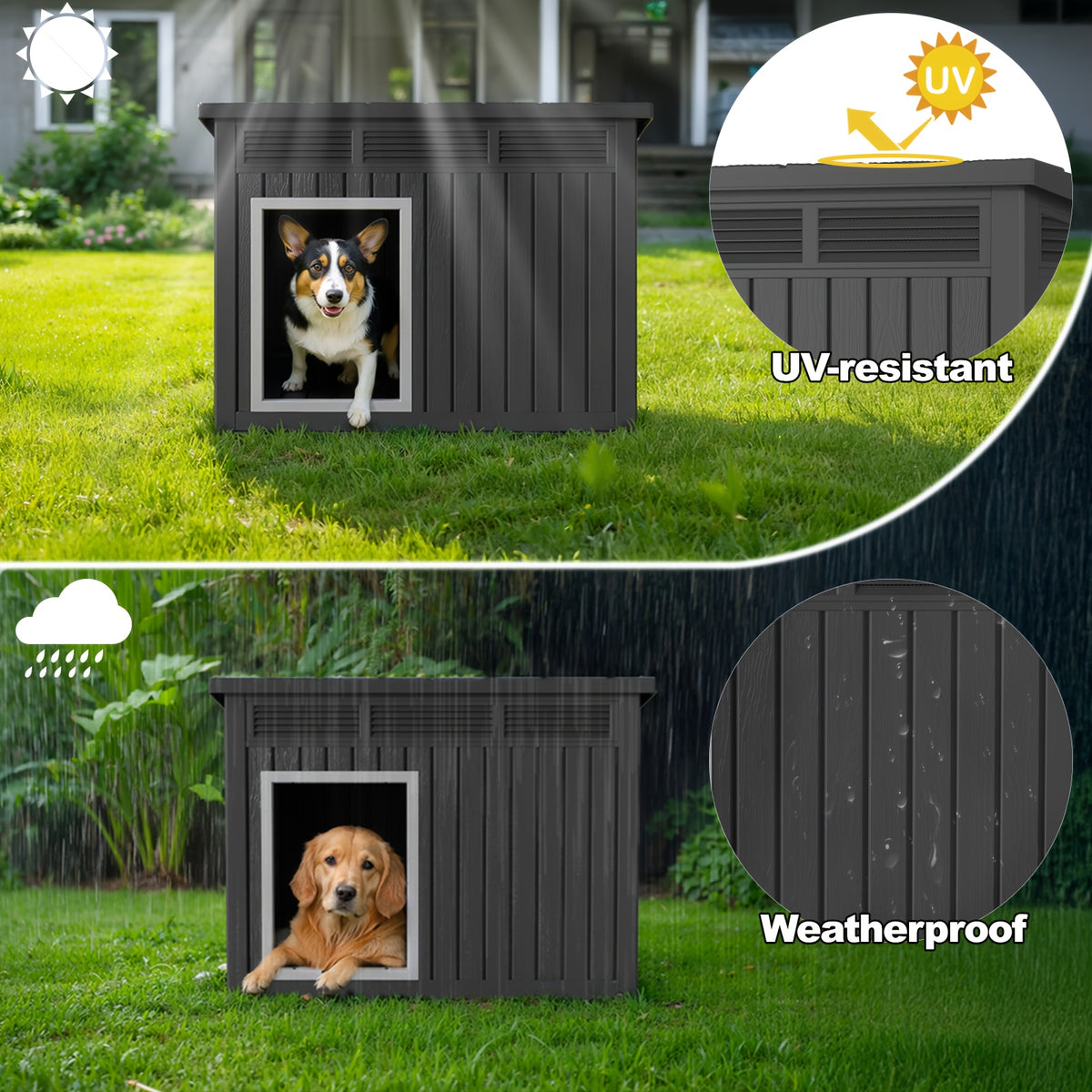 42.87"x32.95"x31.61" Slanted Top Doghouse for Large Dogs - UV-Resistant  Outdoor Pet Shelter with Ventilation Openings, Easy Assembly, Durable Plastic Construction,, Modern Pet House, Weatherproof Pet Home,Outdoor Stray Dog Kennel
