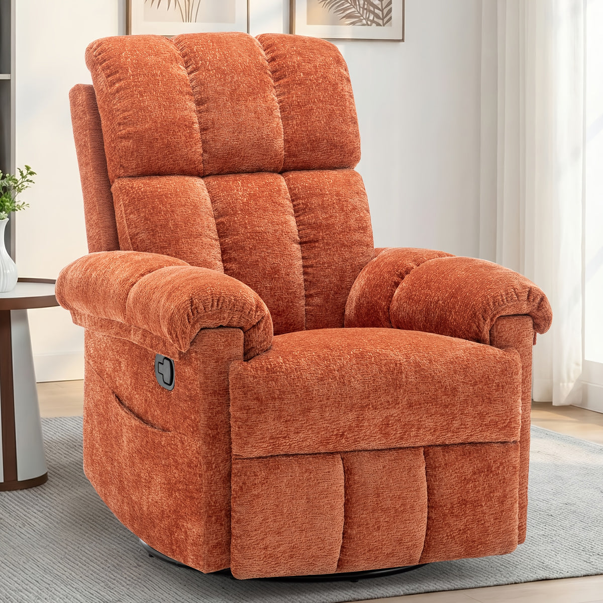 Living Room Single Chair, 360° Swivel Rocking Chair, Manual Rocking Chair for Small Spaces, Rocking Chair with Side Pockets And Armrest Storage, Deep Seat Cushion And Plush Backrest, Chenille Fabric, a Recliner Suitable for The Living Room
