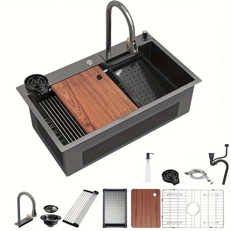 [Stainless Steel Kitchen Sink] 33 * 22 Inch Stainless Steel Kitchen Sink, Single Bowl Sink Drop In/Topmount Workstation Waterfall Sinks With Cutting Board, Cup Washer And Sink Accessories