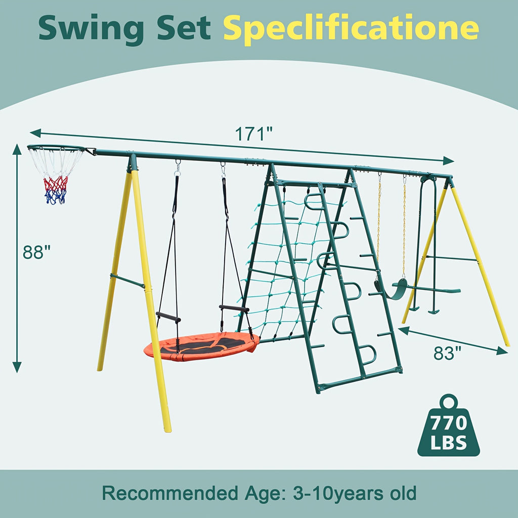 Swing Sets For Backyard With Saucer Swing, Belt Swing, Glider, Climbing Rope, Climbing Ladder, Basketball Rim, 6 In 1 Swing Set