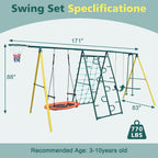 Swing Sets For Backyard With Saucer Swing, Belt Swing, Glider, Climbing Rope, Climbing Ladder, Basketball Rim, 6 In 1 Swing Set