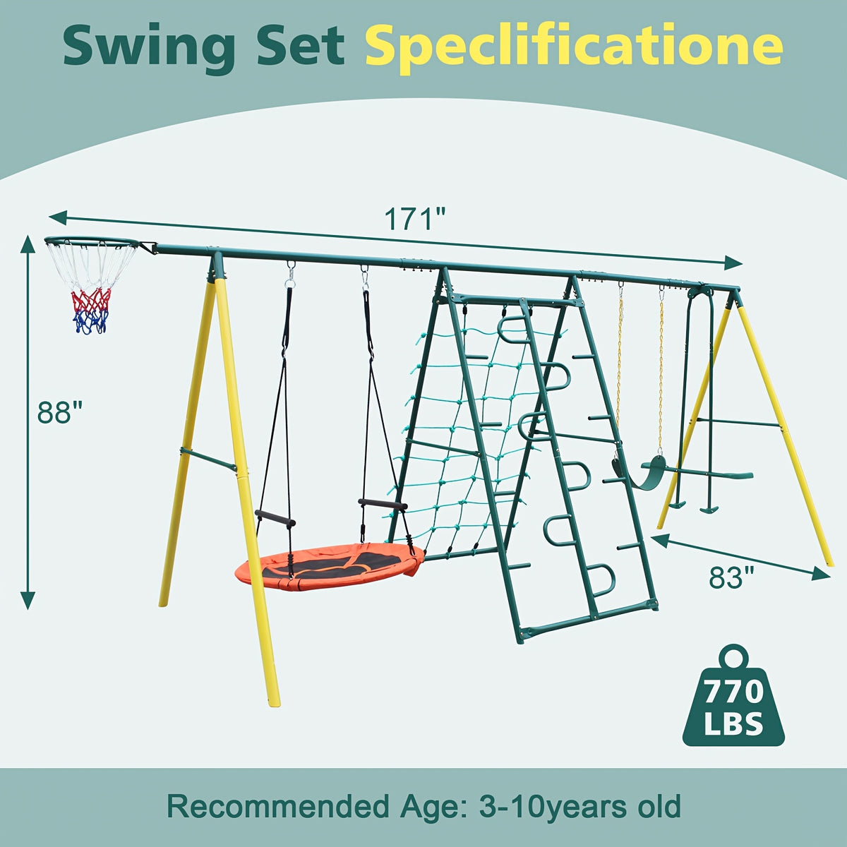 Swing Sets For Backyard With Saucer Swing, Belt Swing, Glider, Climbing Rope, Climbing Ladder, Basketball Rim, 6 In 1 Swing Set