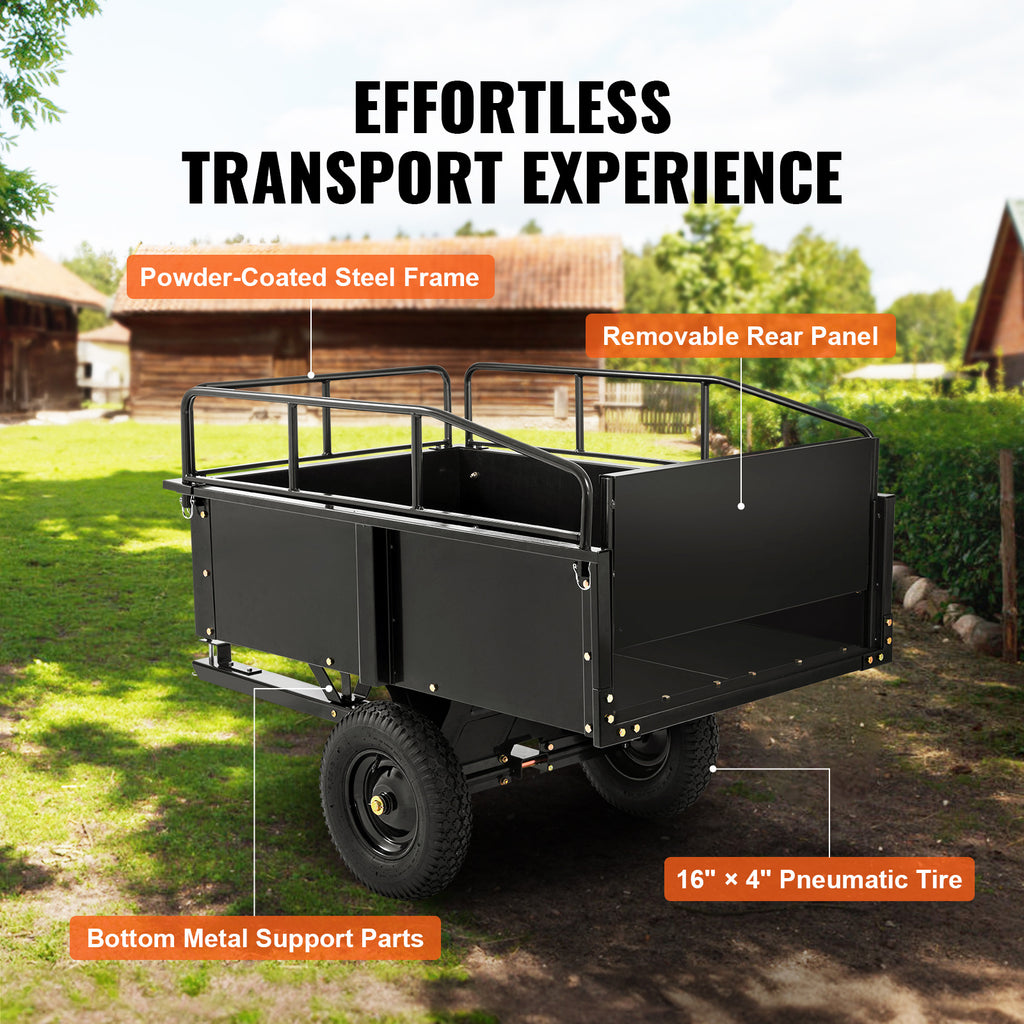 VEVOR Heavy Duty Steel ATV Dump Trailer, 750/1500-Pound Load Capacity 12/15 Cubic Feet, Tow Behind Dump Cart Garden Trailer, with Removable Sides and 2 Tires, for Mowers, Tractors, ATV, UTV