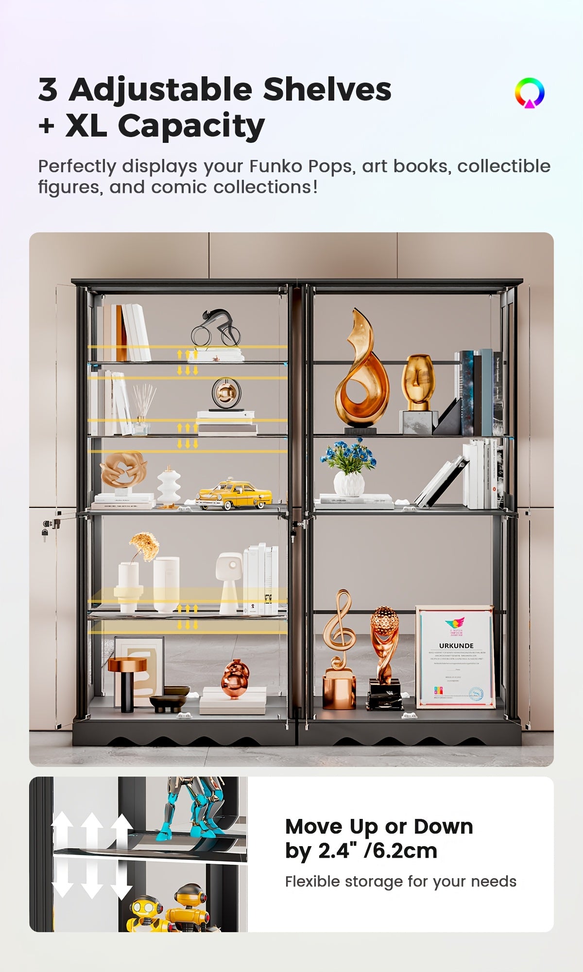 Display Cabinet with Glass Doors, 71'' Tall Curio Cabinet with RGB Lights for Collectibles, LED Display Case with Removable Shelf for Book/Medal/Figure, Black And White