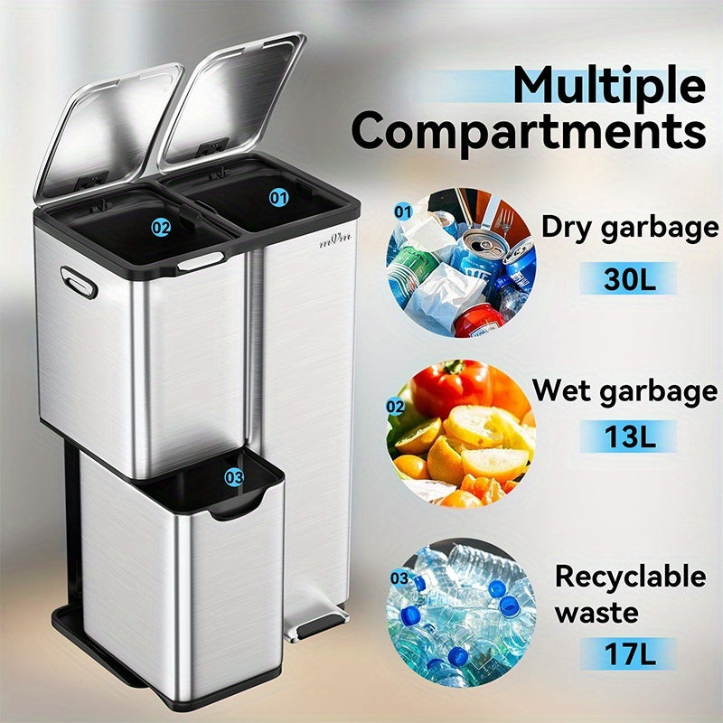 16 Gallon/60L Heavy-Duty Stainless Steel 3-Compartment Trash Can with Dual-Action Pedal & Hands-Free Operation, Odor-Proof Wet/Dry Separation System, Silent Close Lid, Removable Bins - Commercial/Residential Kitchen/Office Waste Disposal