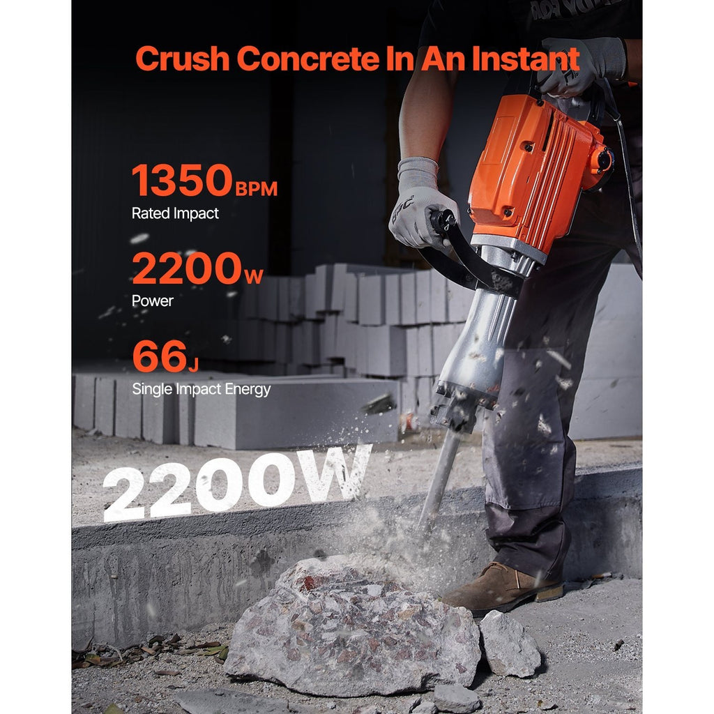 VEVOR Demolition Jack Hammer, 2200W Electric Jackhammer Heavy Duty, 1350 BPM Concrete Breaker, 2pcs Chisels Bit Chipping with Case