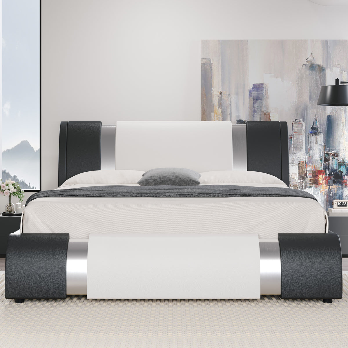 HOOMIC Contemporary Imitation Leather Bed Structure Featuring Metal Accents, Low-Set Platform Bed with Adjustable Headboard, Sturdy Wooden Slat Support, No Box Spring Required