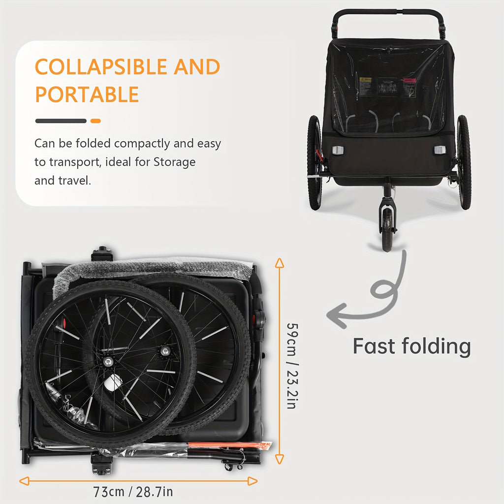 2in 1 Kids Bike Trailer And Stroller with Suspension Bike Trailer for 1 to 2 Children, Jogging Function, Foldable, 5-Point Harness, Spacious Storage, with Bug Screen And Weather Shield