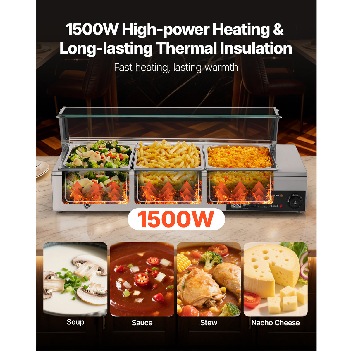 VEVOR Commercial Food Warmer, 1500W Electric Stainless Steel Steam Food Warmer with Glass Cover, Countertop Buffet Bain Marie with Three 1/2 Size / Five 1/2 Size Food Pans, for Catering, Restaurant, Party & Buffets