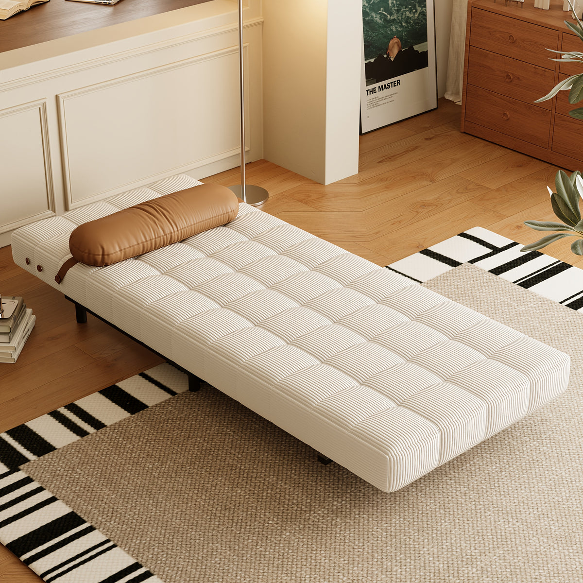 Convertible Single Sofa Bed | Foldable Chair Bed Sleeper with Adjustable Backrest & Pillow - Plush Corduroy Upholstery, Durable Metal Frame, Tufted Design for Living Room (Cream Beige/Brown)