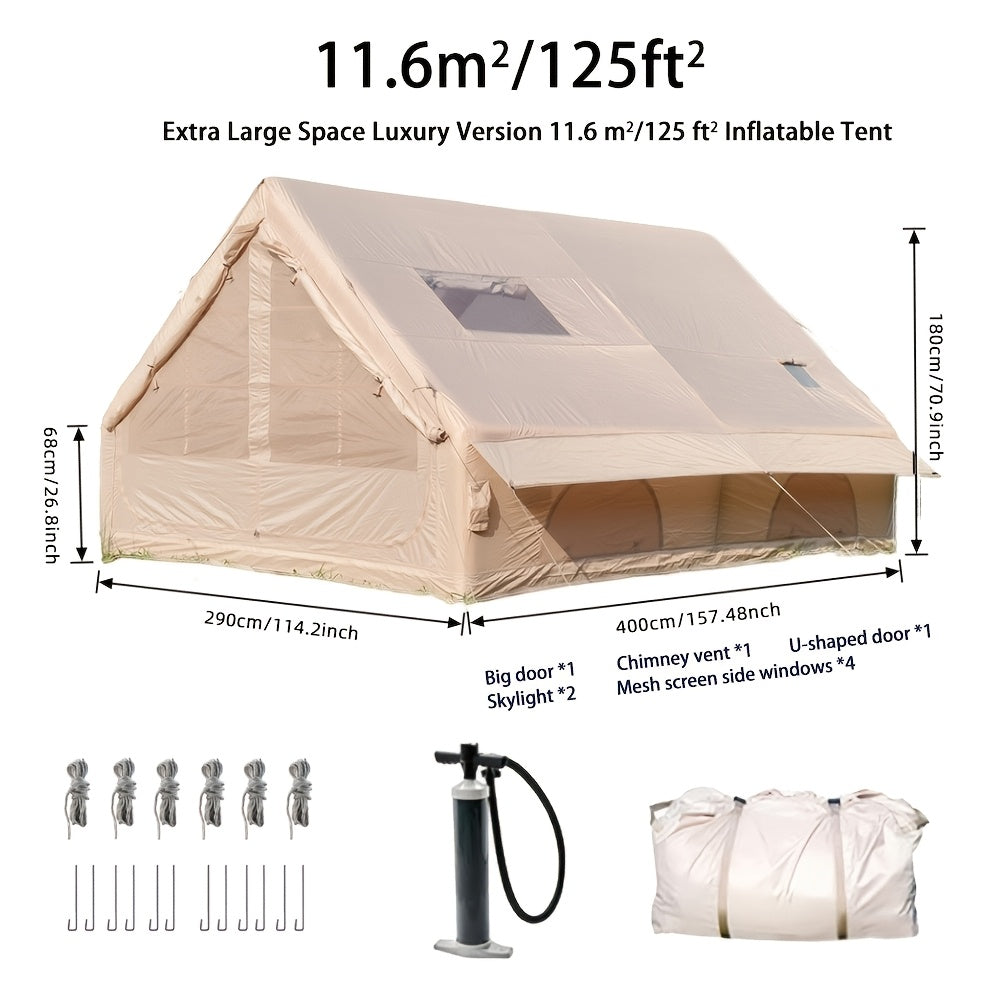 Inflatable Camping Tent（Optional: Skylight, Stove Jack） for 4-6 Person,4 Season Camping Tent, Large Luxury Air Tent with Manual Pump, Easy Setup Portable Glamping House, High Quality Windproof Family Outdoor Shelter Best Valentine's Day Gifts