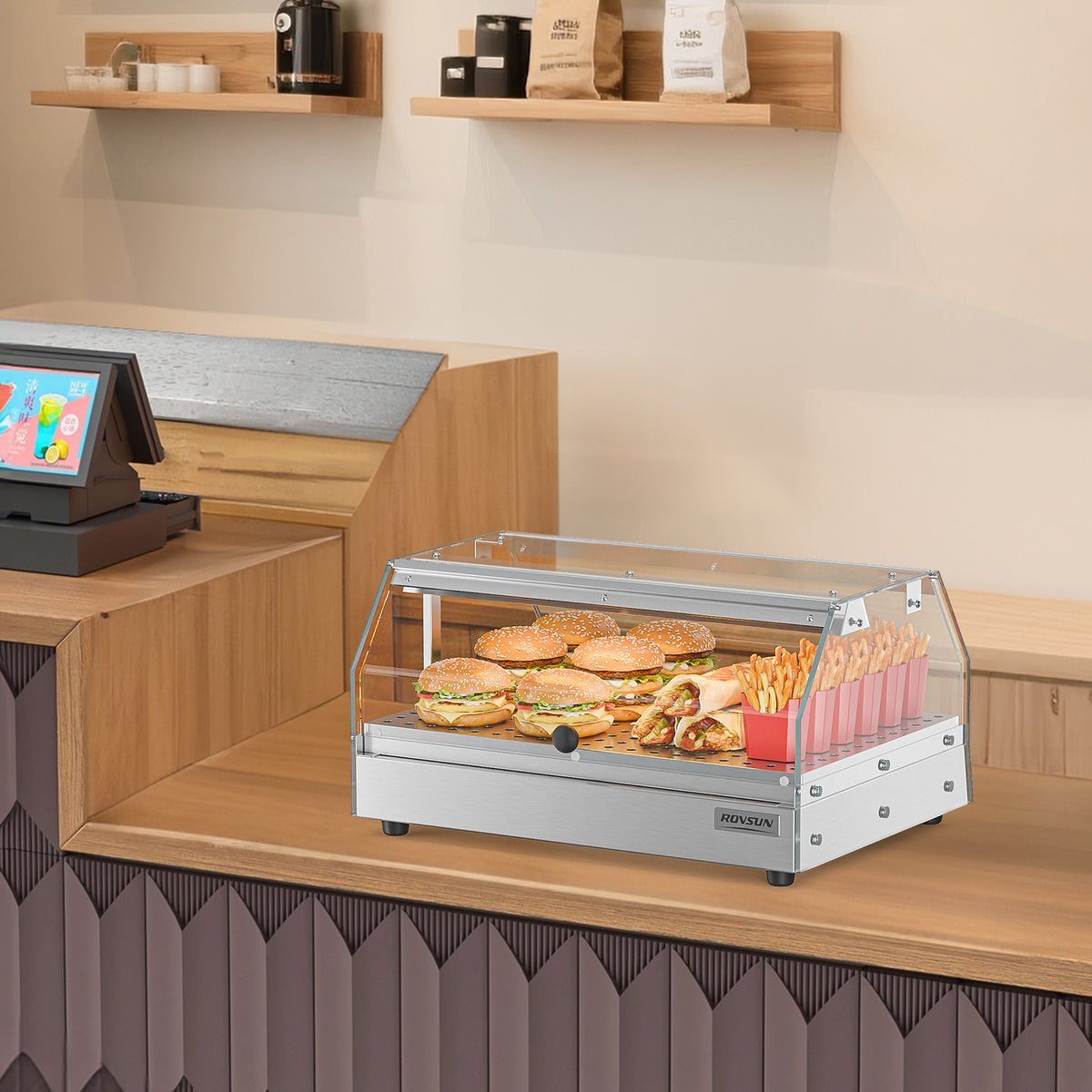 2-Tier Food Warmer Pizza Warmer Countertop, Food Warmer Display Pretzel Warmer with LED Lighting Front and Rear Doors, Electric Catering Hot Box Acrylic for Buffet Restaurant Cafe