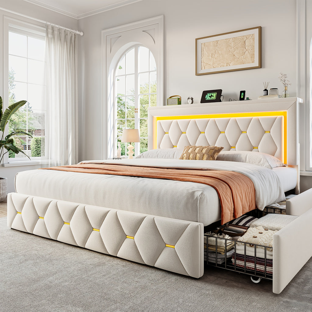 Queen/Full Size Bed Frame With 4 Storage Drawers & Headboard Adjustable, Velvet Platform Bed With LED Lights, Charging Station, Sturdy Wooden Slats Support, No Box Spring Needed, Beige, Grey