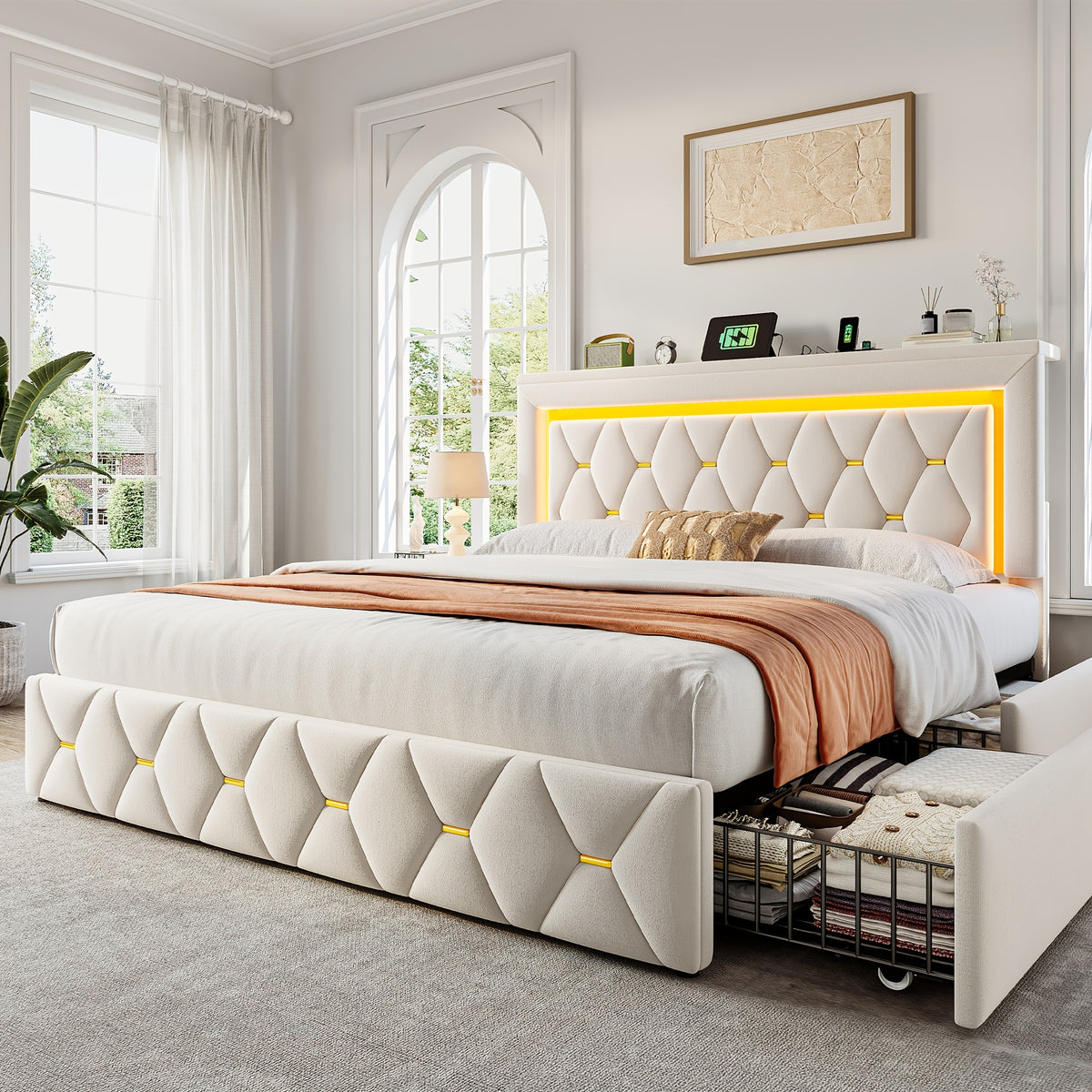 Queen/Full Size Bed Frame With 4 Storage Drawers & Headboard Adjustable, Velvet Platform Bed With LED Lights, Charging Station, Sturdy Wooden Slats Support, No Box Spring Needed, Beige, Grey