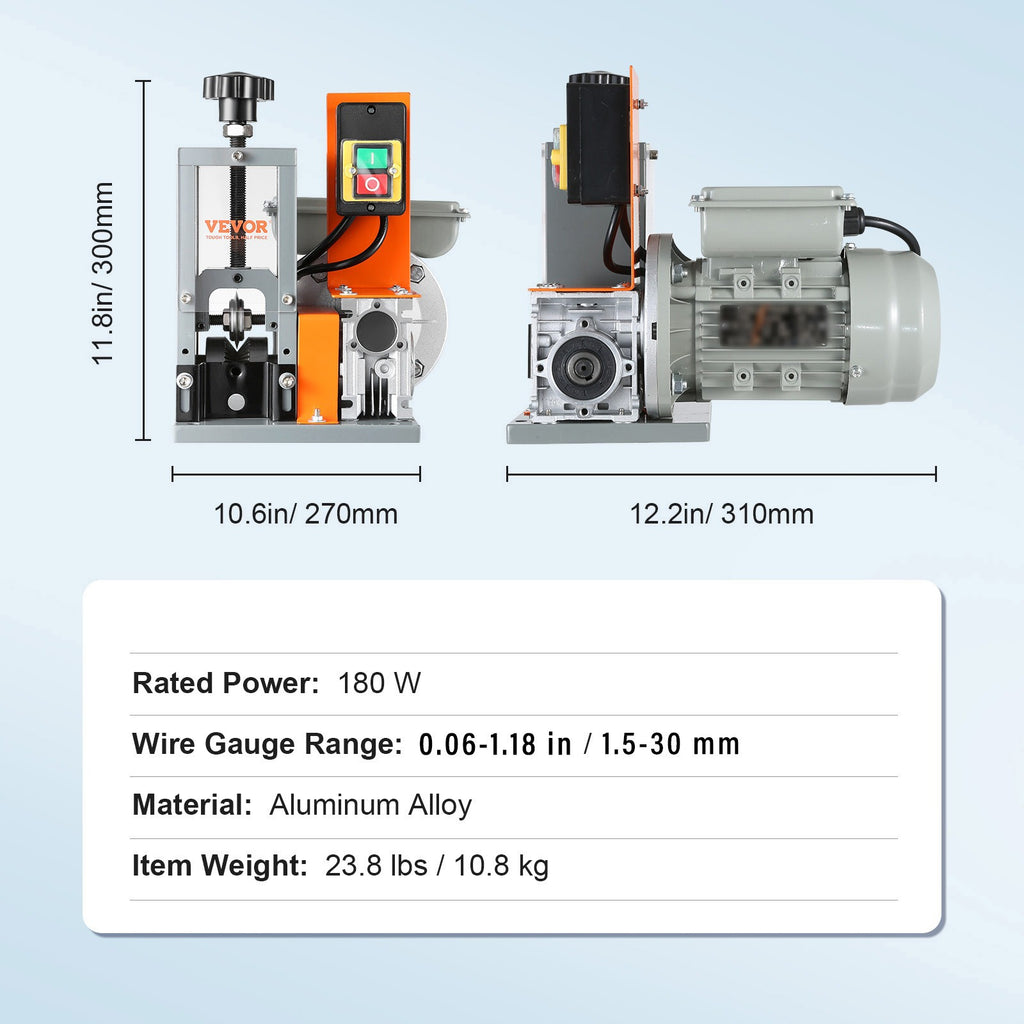 VEVOR Electric Cable Stripping Tool, 0.06''-1.18'' Motorized Wire Stripper, 180 W, 60 ft/min, with Clear Depth Gauge, Ideal for Scrap Copper Recycling