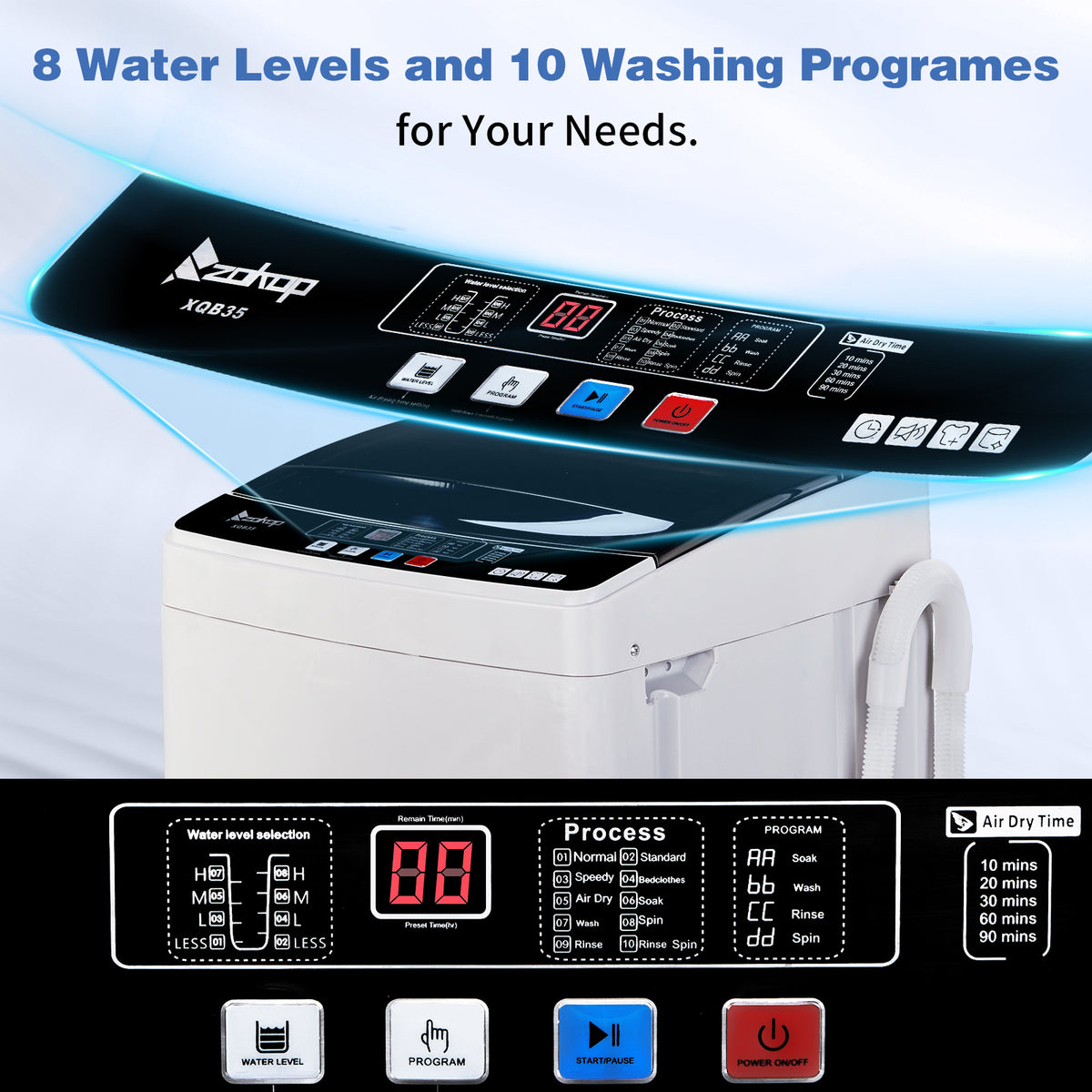 Full Automatic Washing Machine, 15.6/17.6/17.8/25Lbs Top Load Portable Washer with Drain Pump, 10 Wash Programs 8 Water Level Washer and Dryer Combo, 2 in 1 Washer and Dryer for Apartments, RV, Camping