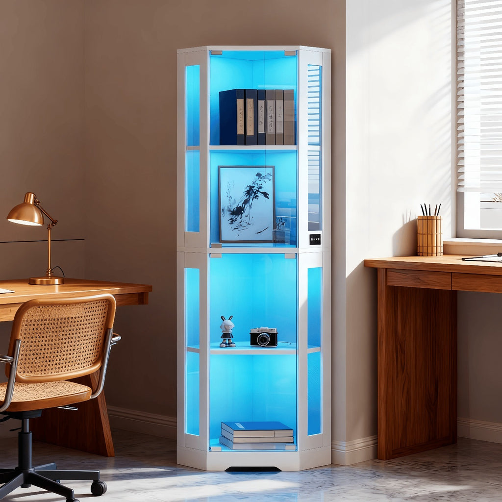 Office Bookshelf with Corner, 4-layer Glass Storage Display Cabinet, with Three LEDs and Human Body Sensor, Can Store Figures, Books, Documents, Medals, Suitable for Living Room, Bedroom, Office