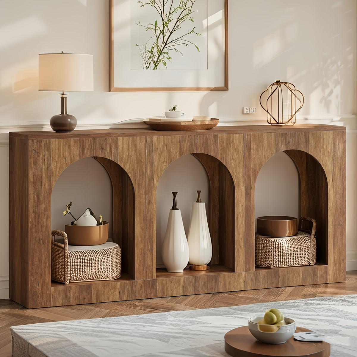 Narrow Console Table with Storage and Arched Open Shelf for Farmhouse Hallways or Behind the Living Room Couch