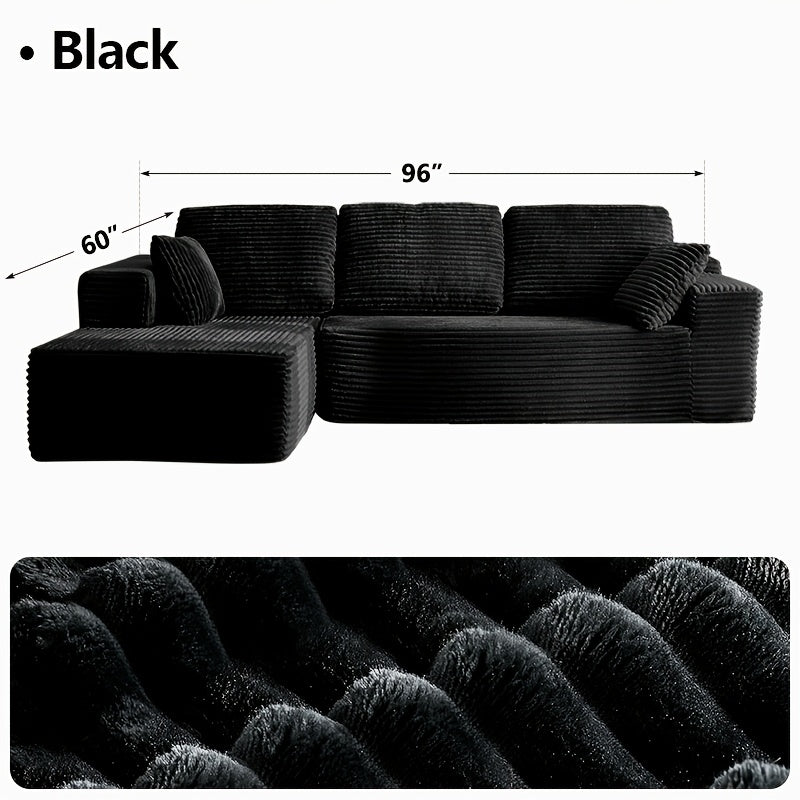 96" L-Shaped Sofa with Chaise, 65" Single Noble Consort Sofa Chair. Minimalist Compressed Boneless Sofa No Assembly Required, Modular Cloud Sectional Sofa for Living Room Bedroom, Right Facing Chaise, Plush Corduroy