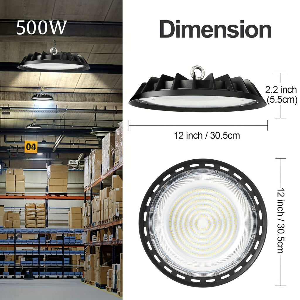 6pcs 500W UFO LED High Bay Light Fixture, 90-277V, High Bay LED Shop Lights, Cold White 6000K with 4ft US Plug, IP65 Commercial Bay Lighting for Warehouse Factory Barn Shop