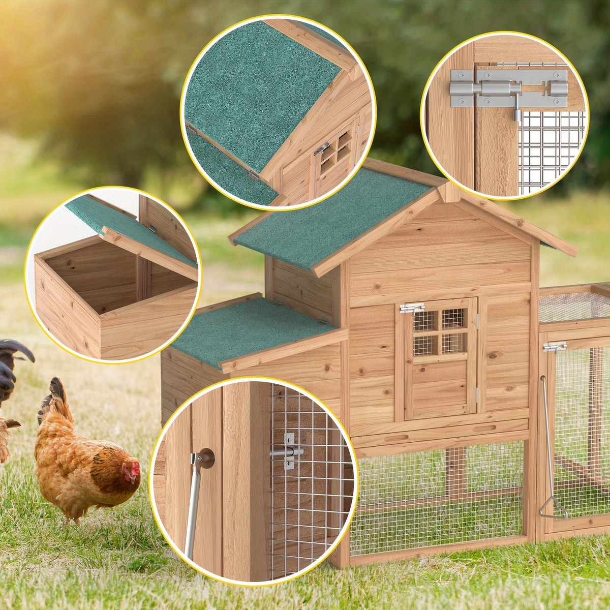 GOJOOASIS 80" Chicken Coop For 2-4 Chickens Outdoor Wooden Hen House Poultry Pet Hutch For Backyard W/Run Cage & Nesting Box, Without Battery