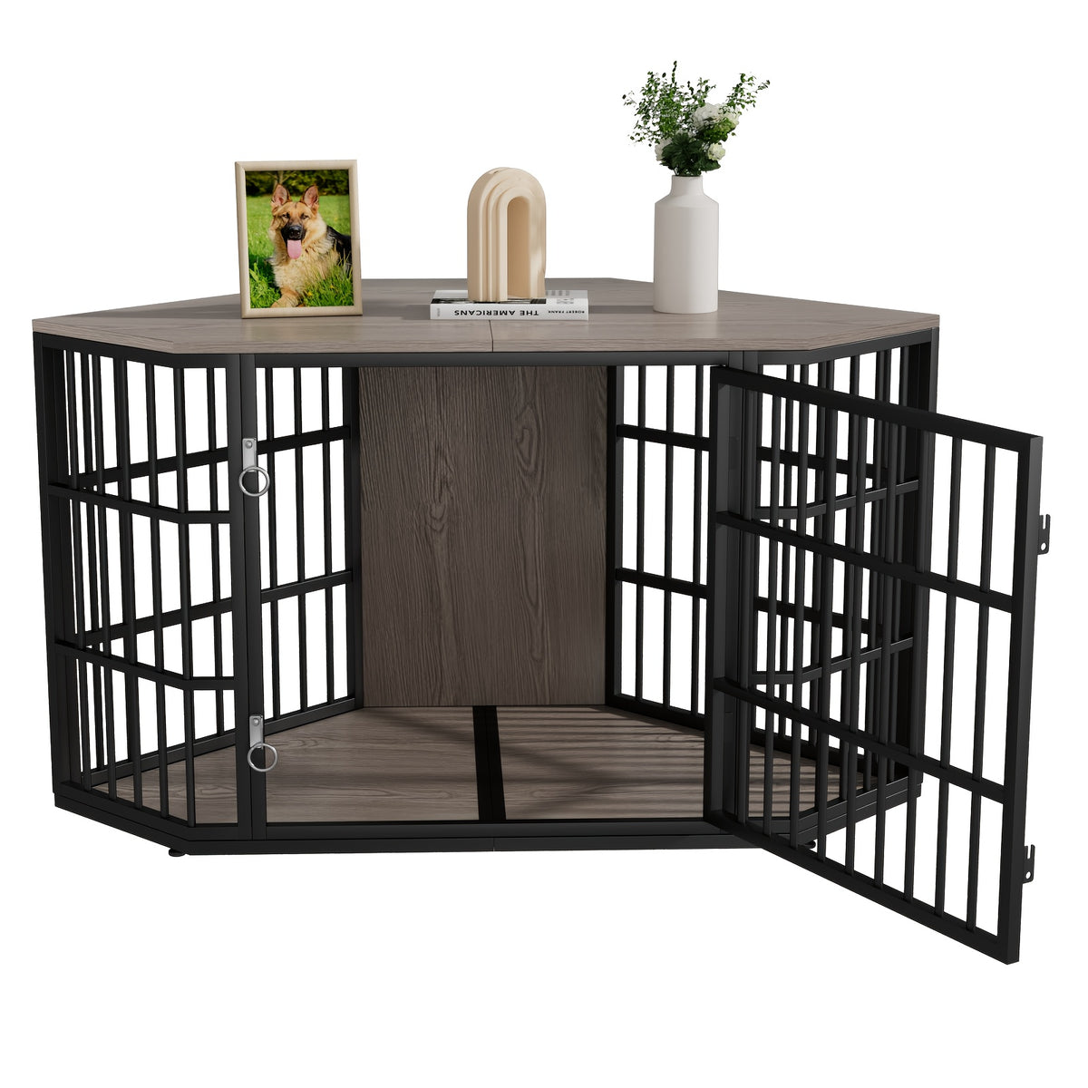 47"/52" Heavy Duty Corner Dog Crate Furniture - Rustic Brown Wooden Dog Cage with Double Sturdy Locks, Space-Saving Indoor Kennel & Side Table for Medium Dogs, Multi-Functional Pet House with Cushioned Floor & Decorative Top