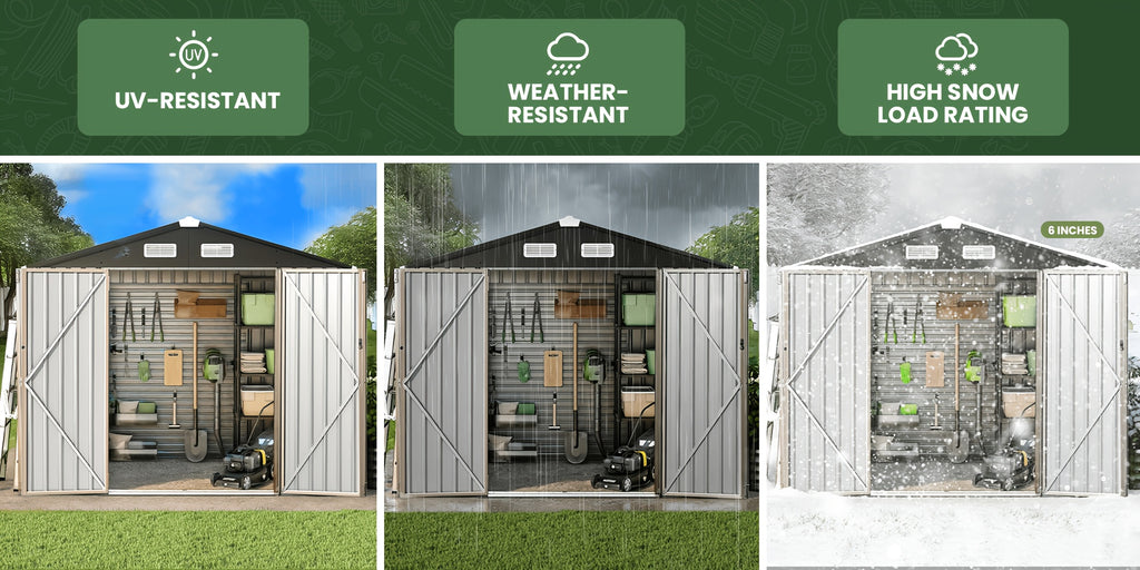 [Metal Storage Shed] 8x6ft (7.33'x5.28' Base, No Floor), 6 X 4ft, 10x12ft, 10x14ft, Metal Steel Outdoor Storage Shed with Air Vent & Lockable Doors, for Garden, Patio And Backyard, Tools, Bike