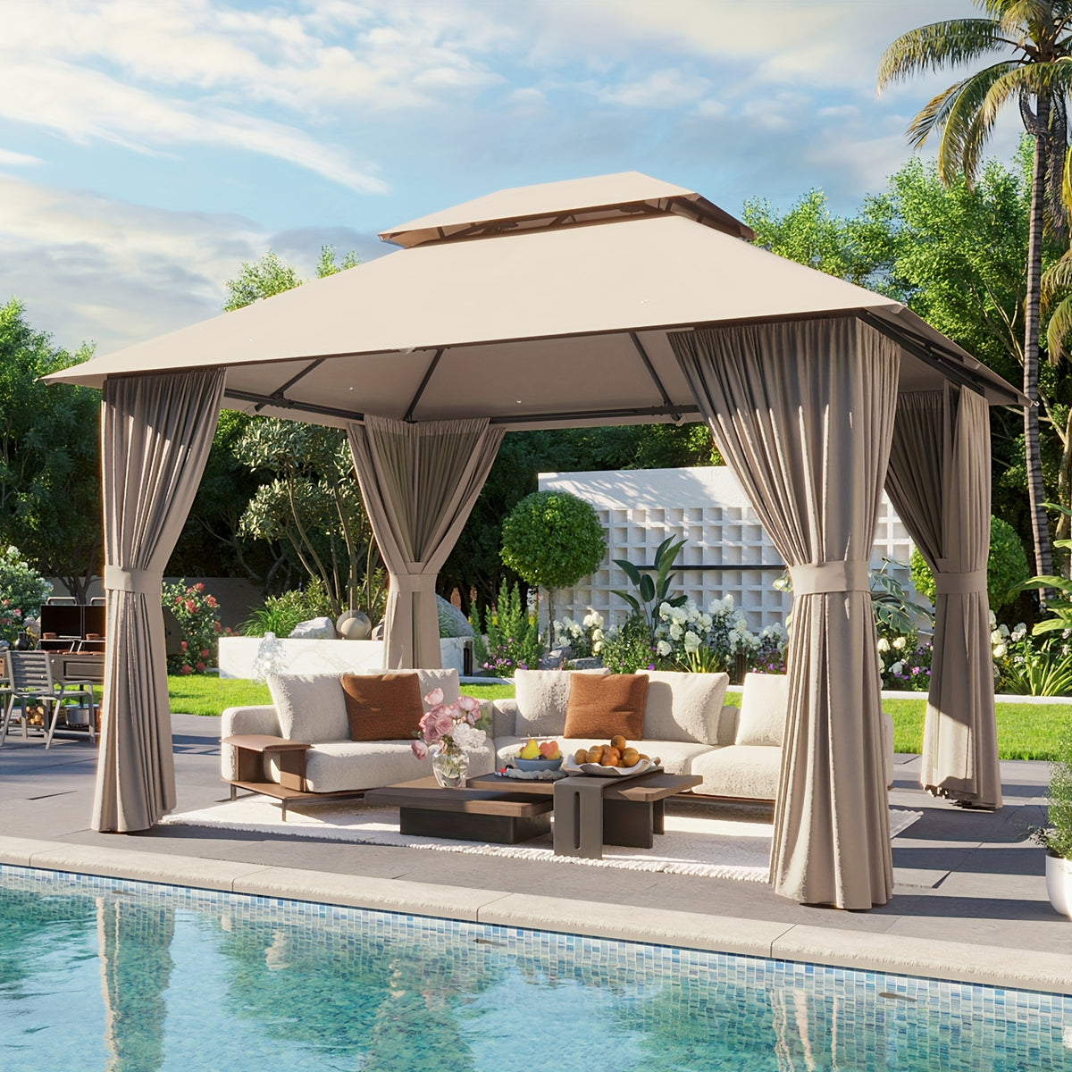 10'x12'/10'x10'/8'x8' Outdoor Gazebo & Pergola for Patio - Double Roof Steel Canopy with Mosquito Net And Privacy Screen, Heavy Duty Party Tent Shelter for Backyard, Lawn, Garden, All-Weather Gazebos with Patio Cover (Grey/Beige/Blue)