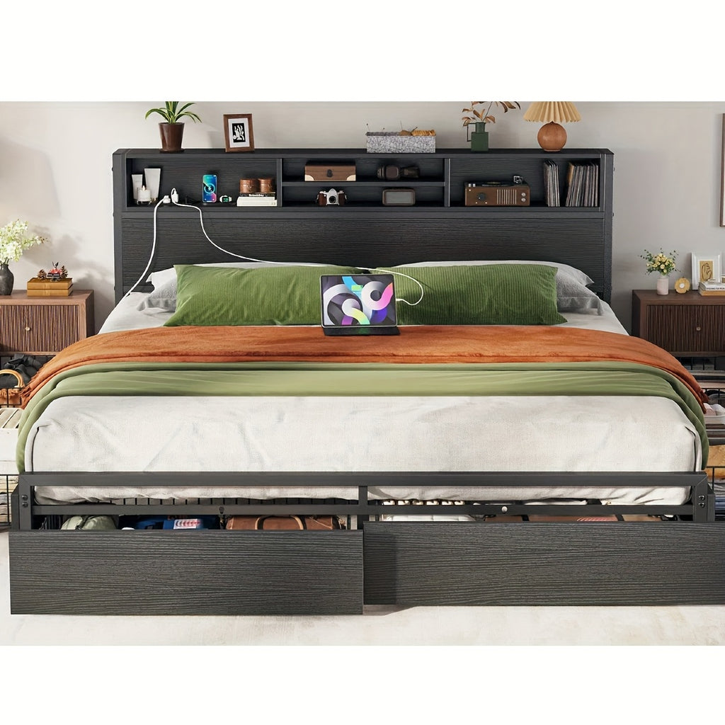 Queen/King Size Bed Frame with 6 Storage Large Drawers Forbedroom, Modern Bed Frame And Open Storage Headboard with Fast Charging Station, No Noise, No Box Springs Needed, Black, Easy Assembly, 2pcs Nightstand with 4 Fabric Drawer Sold Separately