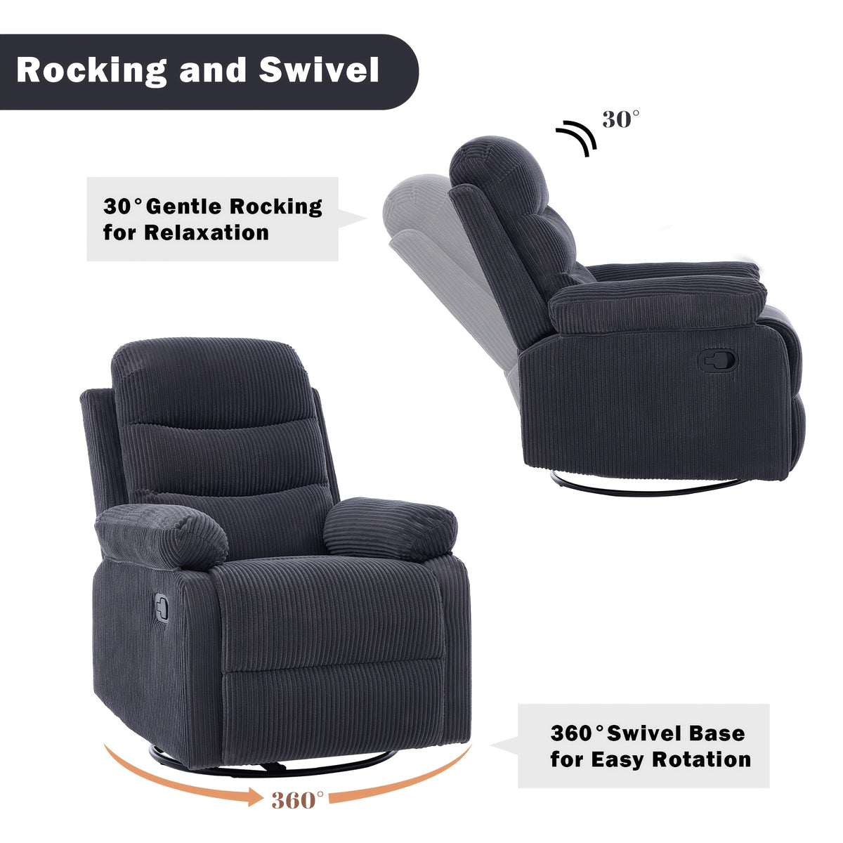 Corduroy Swivel Rocking Recliner Chair, Manually Adjustable Single-person Lounge Sofa with Padded Seat and Backrest, Ergonomically Designed Casual Armchair Suitable for Daily Relaxation in Living Rooms, Bedrooms, and Home Theaters